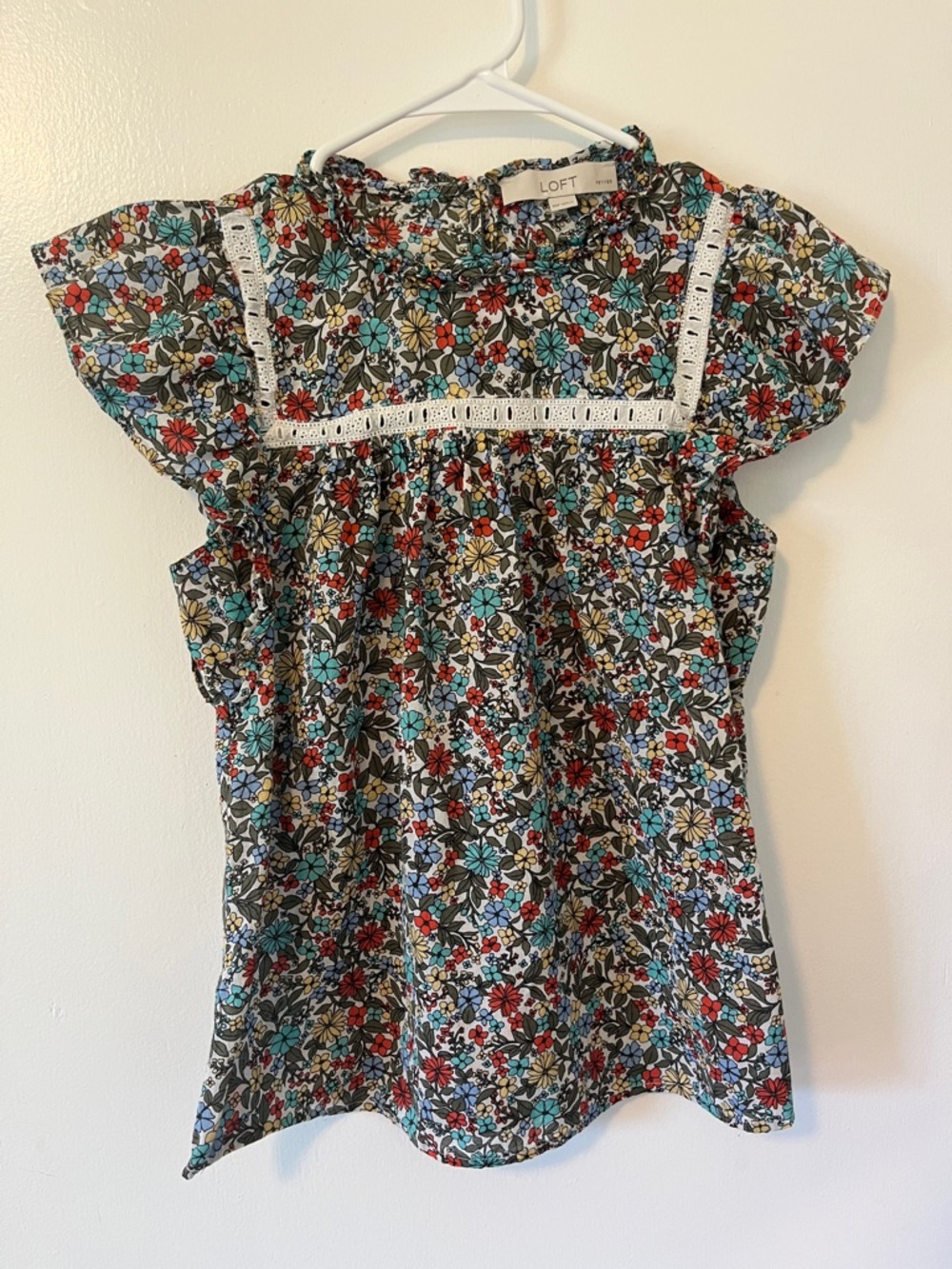 LOFT Multicolor Retro Floral Top with Lace Yoke
